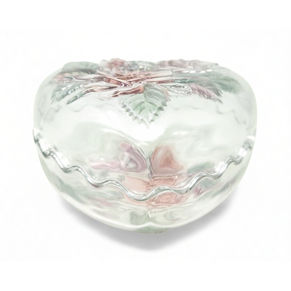 Fenton Heart Trinket Box Rose Lid Pressed Glass Vanity Decor Jewelry Organizer - Picture 4 of 5